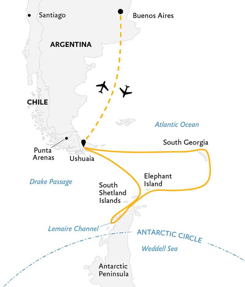 Route map of Penguin Safari expedition, operating round-trip from Buenos Aires, Argentina, with visits to South Georgia Island, the South Shetland Islands & the Antarctic Peninsula.