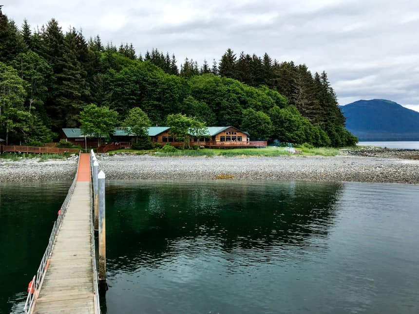 dock over water leading to dense green forest with orca point lodge in front in southeast alaska