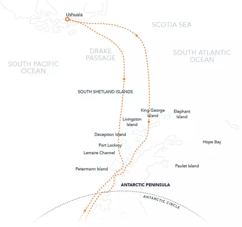Route map of Antarctic Southern Latitudes polar expedition, operating round-trip from Ushuaia, Argentina, with visits to the South Shetland Islands, the Antarctic Peninsula & an attempt to reach the Circle.