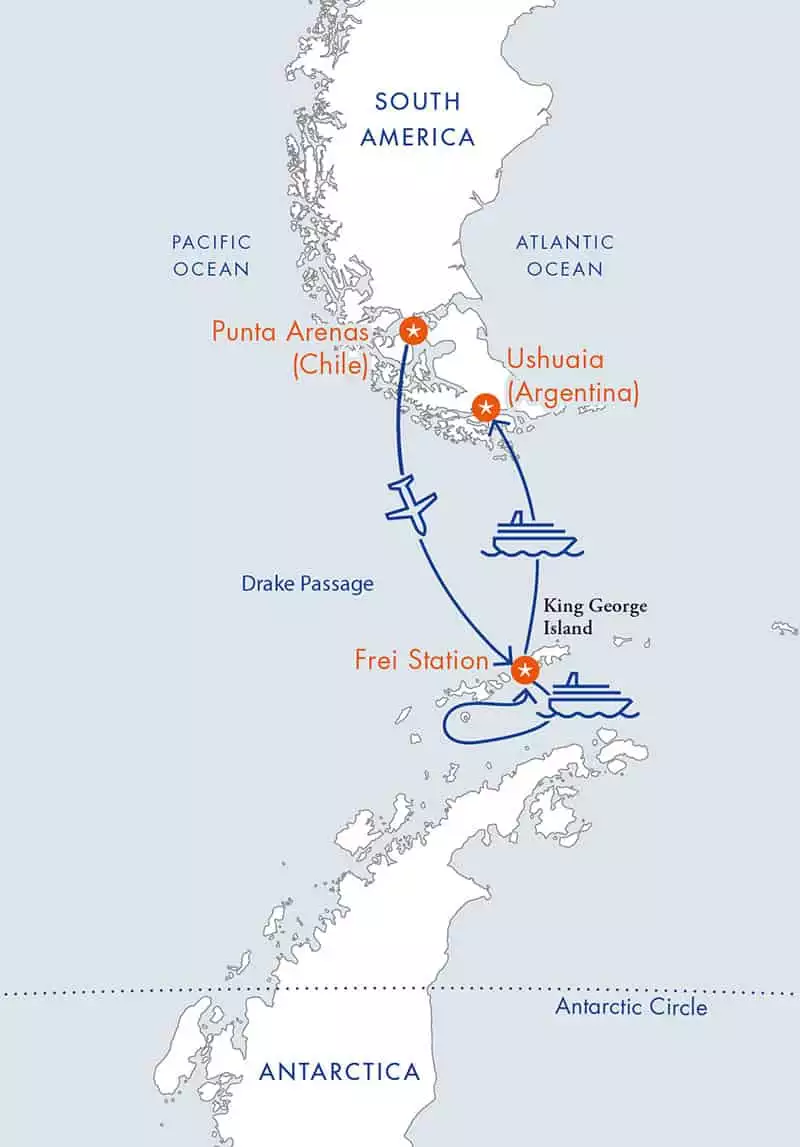 Route map for reverse Antarctica Express Air Cruise, fly there and sail back