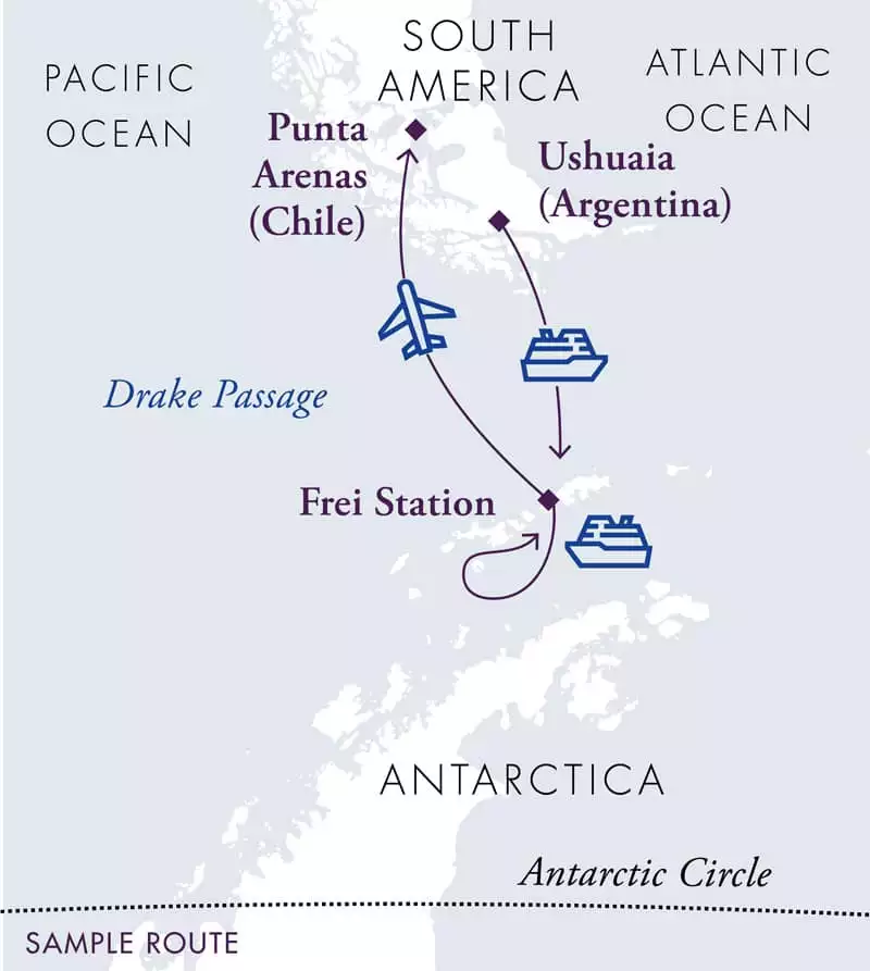 Route map for Antarctica Express Air Cruise, sail there and fly back