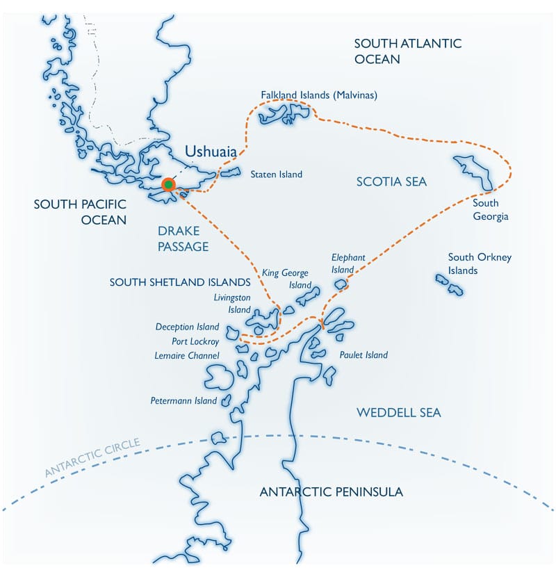 Route map for 20-Day Classic South Georgia small ship cruise itinerary, operating round-trip from Ushuaia, Argentina, with visits to the Falklands & Antarctic Peninsula.