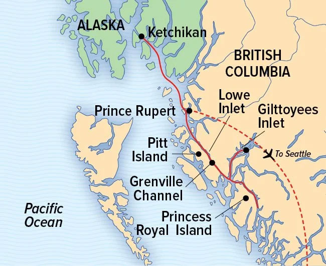 Route map of Great Bear Rainforest cruise, round-trip from Ketchikan, Alaska, with visits along British Columbia's shoreline.