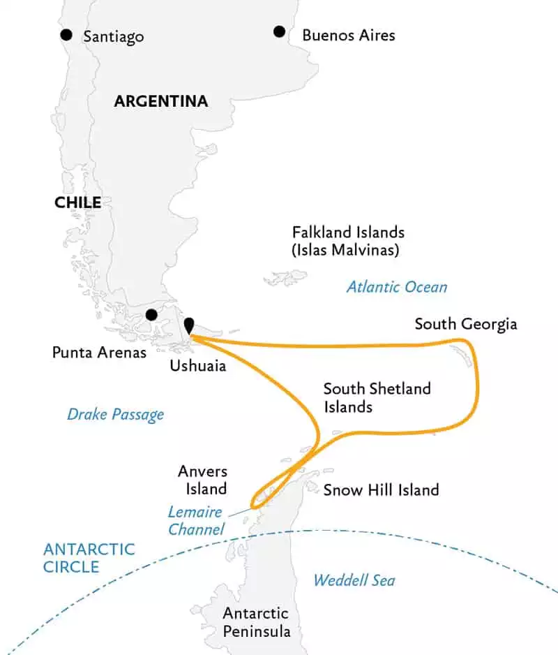Route map of Penguin Safari expedition, operating round-trip from Ushuaia, Argentina, with visits to South Georgia Island, the South Shetland Islands & the Antarctic Peninsula.