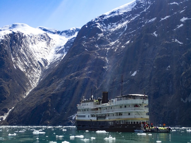 S.S. Legacy small ship cruising Alaskan glacial fjords. 