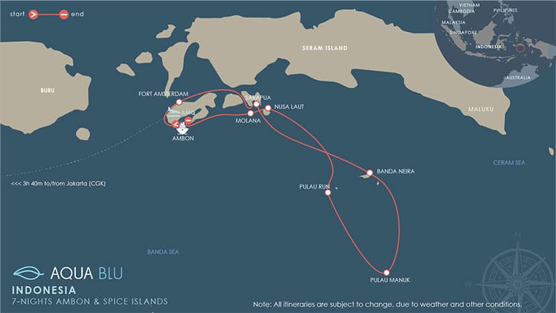Route map of Aqua Blu Ambon & Spice Islands Cruise, operating round-trip from Ambon, Indonesia, with visits to Fort Amsterdam, Saparua, Banda Neira, Pulau Manuk, Pulau Run & Molana.