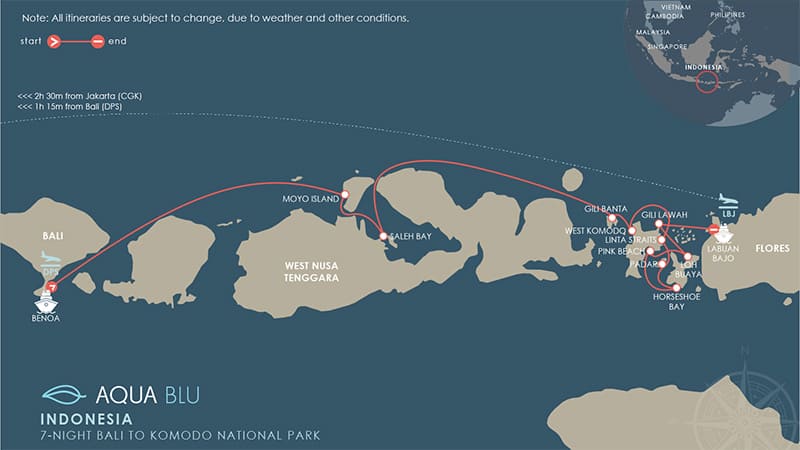 Route map of main Aqua Blu Komodo National Park Cruise in Indonesia, operating from Bali to Flores with visits to Moyo Island, Saleh Bay, Gili Banta, Batu Moncho Bay, Linta Strait, Padar, Horseshoe Bay, Pink Beach, Loh Buaya & Gili Lawa Laut.