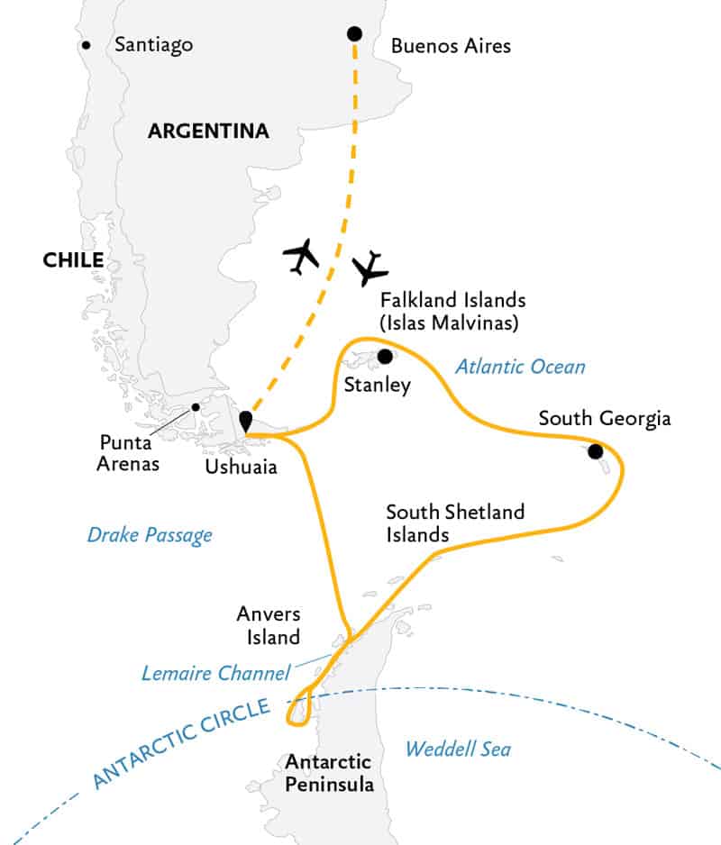 Route map of Epic Antarctica 23-day voyage, operating round-trip from Buenos Aires, Argentina, with visits to the Falkland Islands, South Georgia, the Peninsula & the Antarctic Circle.