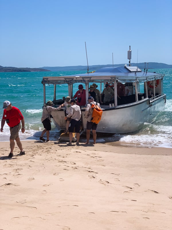 The small passenger vessel with a overhead cover and open air windows,, beaches ashore a sandy beach and allows guests to disembark. Behind the vessel a teal ocean and a bright blue sky