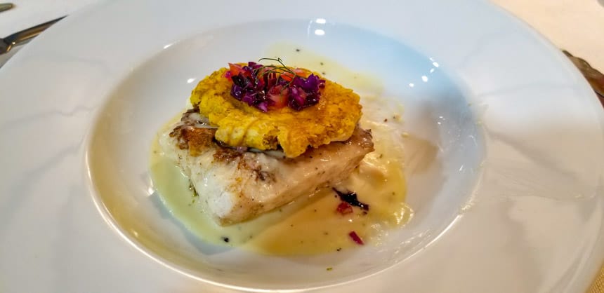 Dinner plate aboard la pinta small ship Galapagos cruise white plate with halibut topped with yellow pineapple and a light green sause