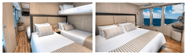 twin beds and king bed in interconnecting cabins aboard small ship Origin in Galapagos