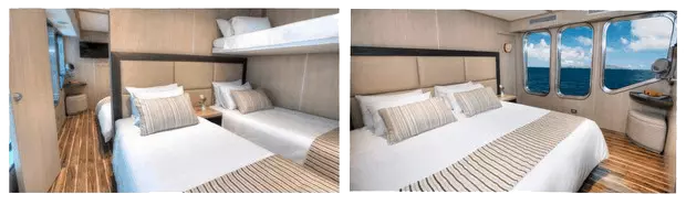 twin beds and king bed in interconnecting cabins aboard small ship Origin in Galapagos