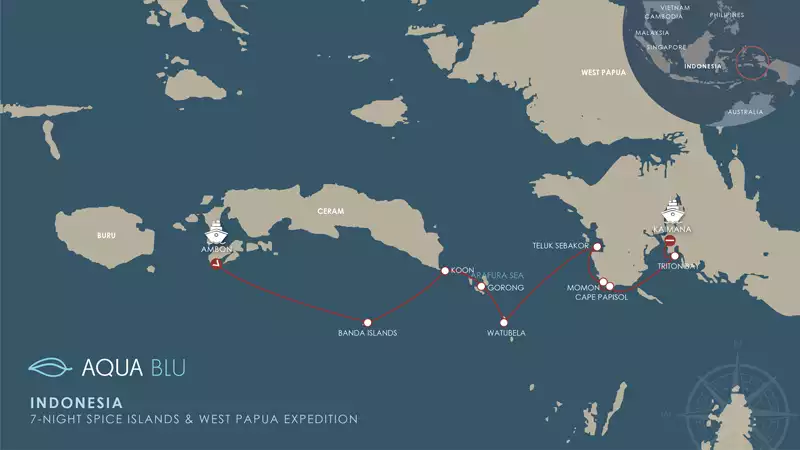 Route map of 8-day Aqua Blu Spice Islands to Raja Ampat Indonesia cruise, operating from Ambon to Sorong, with visits to Banda Islands, Pulau Koon, Wayil, Misool, Pulau Dayang, Penemu, Pulau Yeben, Yangeffo, Mioskon & Mayabilit Bay.