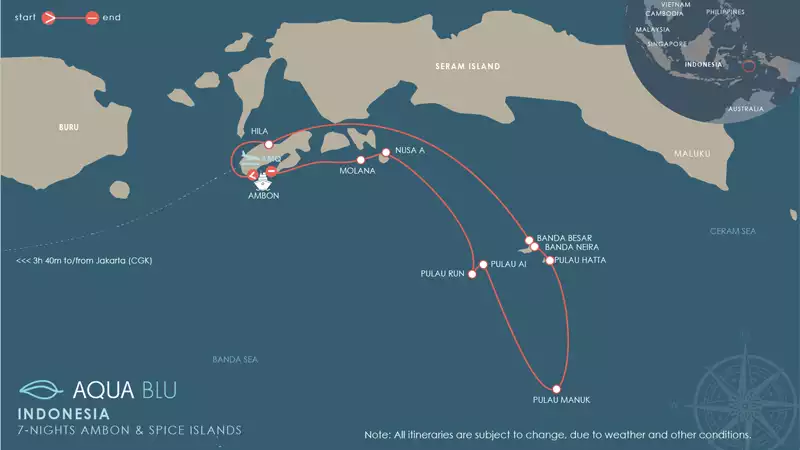 Route map of Aqua Blu Ambon & Spice Islands Cruise, operating round-trip from Ambon, Indonesia, with visits to Fort Amsterdam, Hila, the Banda Islands, Pulau Ai, Pulau Manuk, Pulau Run & Molana.