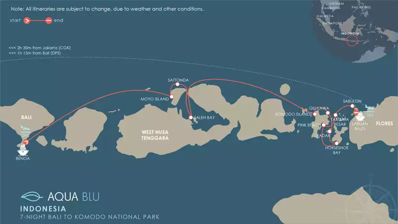Route map of main Aqua Blu Komodo National Park Cruise in Indonesia, operating from Bali to Flores with visits to Moyo Island, Saleh Bay, Batu Moncho Bay, Komodo Island, Padar, Horseshoe Bay, Pink Beach & Gili Lawa.