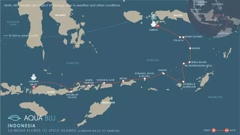 Route map of Aqua Blu Flores to Spice Islands Indonesia cruise, operating from Labuan Bajo to Ambon, with visits to Watublapi Village; North Lembata; Pantar; Alor; The Forgotten Islands of Wetar, Romang, Nyata & Telang; Damar; Dawera; Daweloor; Serua Island; Nil Desperandum Atoll; Pulau Manuk; Banda Islands; Banda Neira & Pulau Ai.