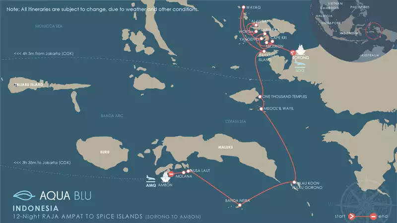 Route map of Aqua Blu Raja Ampat to Spice Islands Indonesia cruise, operating from Sorong to Ambon, with visits to Mioskon, Cape Kri, Kabui Bay, Dayang Island, Aljui Bay, Pulau Wayag, Wofoh, Yangeffo, One Thousand Temples, Wayil, Misool, Pulau Koon, Pulau Gorong, Band Islands, Nusa Laut & Molana.