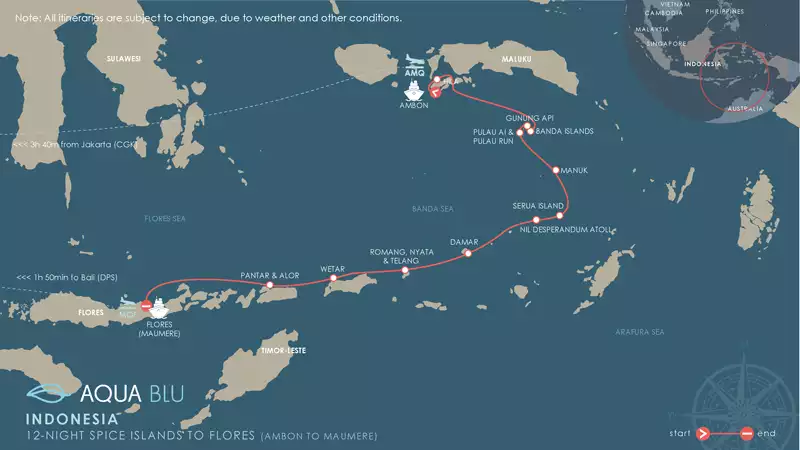 Route map of Aqua Blu Spice Islands to Flores Indonesia cruise, operating from Ambon to Maumere, with visits to Hila; Gunung Api; Banda Islands; Pulau Ai; Pulau Run; Manuk; Serua Island; Nil Desperandum Atoll; Damar; The Forgotten Islands of Wetar, Romang, Nyata & Telang; Wetar; Pantar & Alor.