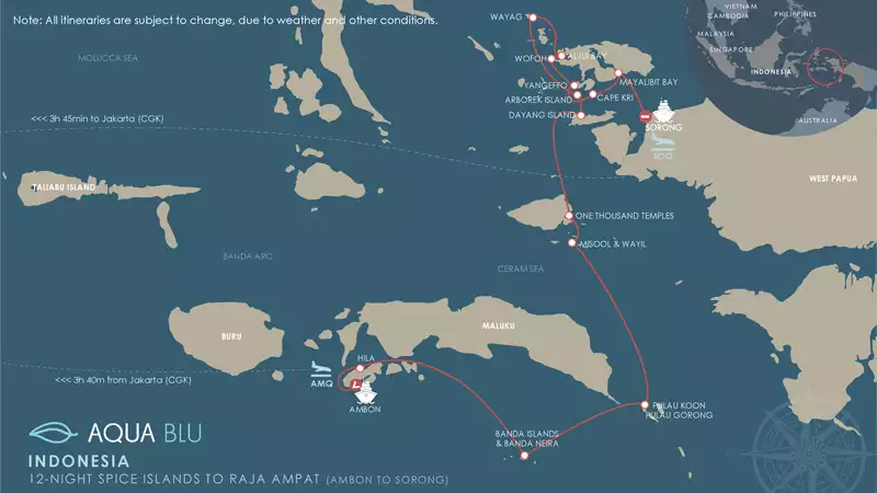 Route map of 13-day Aqua Blu Spice Islands to Raja Ampat Indonesia cruise, operating from Ambon to Sorong, with visits to Mioskon, Cape Kri, Kabui Bay, Dayang Island, Aljui Bay, Pulau Wayag, Wofoh, Yangeffo, One Thousand Temples, Wayil, Misool, Pulau Koon, Pulau Gorong, Band Islands, Nusa Laut & Molana.