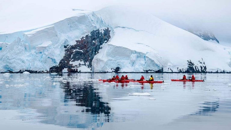A kayak activity aboard Emblematic Antarctica cruise. A groups paddling red double kayaks in front of a large snowy mountain.