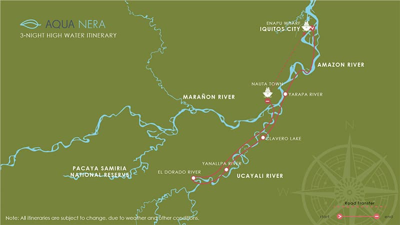 Route map for 4-day High Water Aqua Nera Peru Amazon River Cruise Itinerary