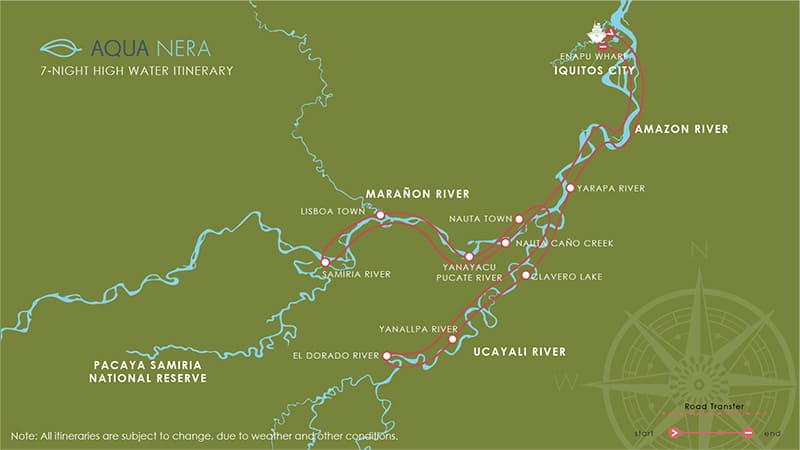 Route map for 8-day High Water Aqua Nera Peru Amazon River Cruise Itinerary