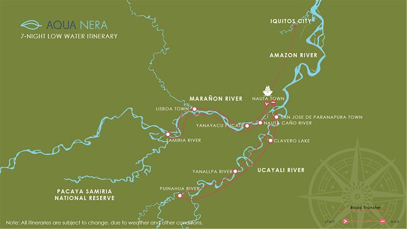 Route map for 8-day Low Water Aqua Nera Peru Amazon River Cruise Itinerary