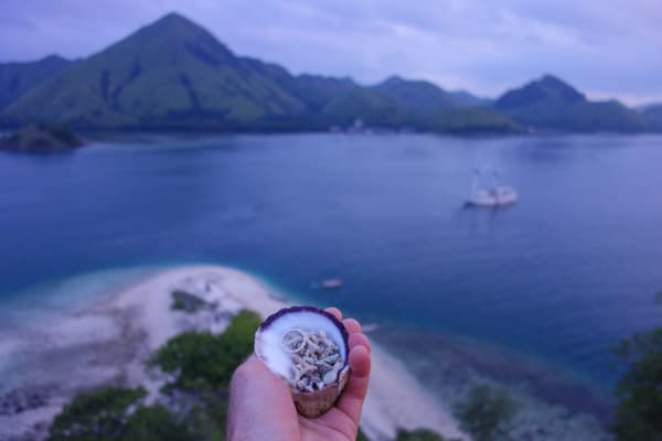 A hand extends over a look out, holding a shell with an engagement ring inside it. Beyond you can see the ocean surrounded by islands and sandy beaches, all part of a remote Indonesia cruise