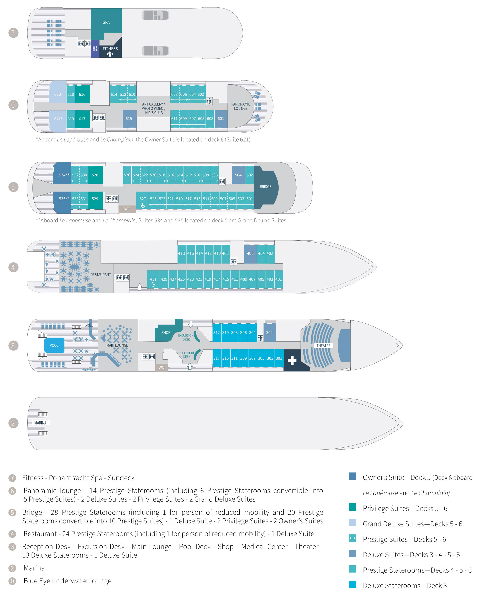 Deck plan of 184-guest Le Champlain French luxury expedition ship, showing 4 passenger decks with 88 staterooms & 4 suites.