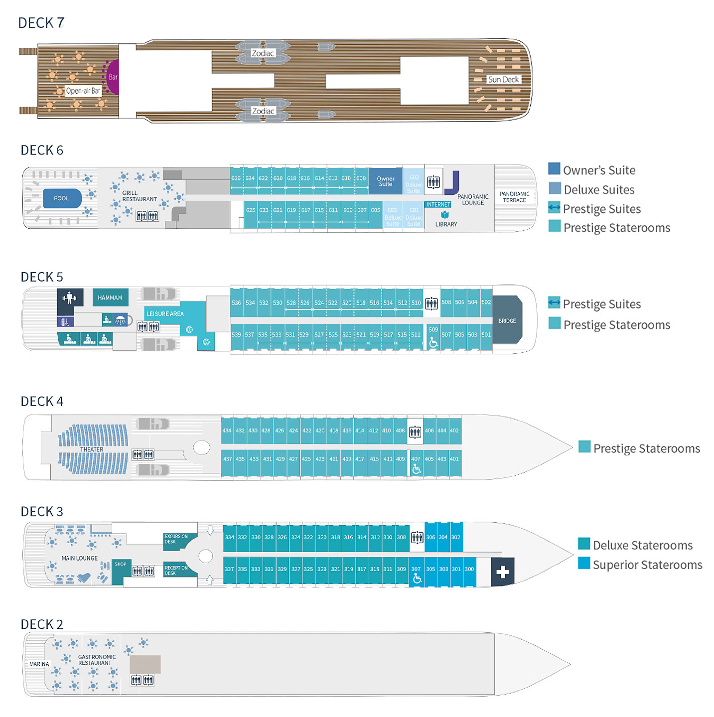 Deck plan of Le Soleal luxury expedition ship with 6 guest decks, social areas & color-coded cabin categories for up to 264 guests.