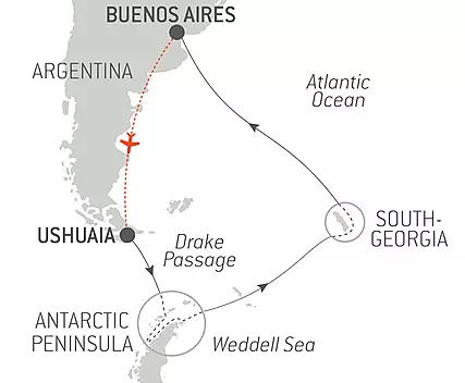 Route map of 19-day The Great Adventure Antarctica voyage, operating round-trip from Buenos Aires, Argentina & visits to the Peninsula & South Georgia Island.