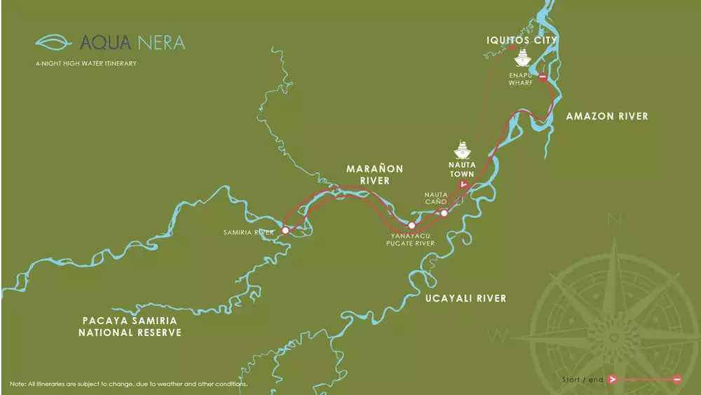 Route map for 5-day High Water Aqua Nera Peru Amazon River Cruise Itinerary