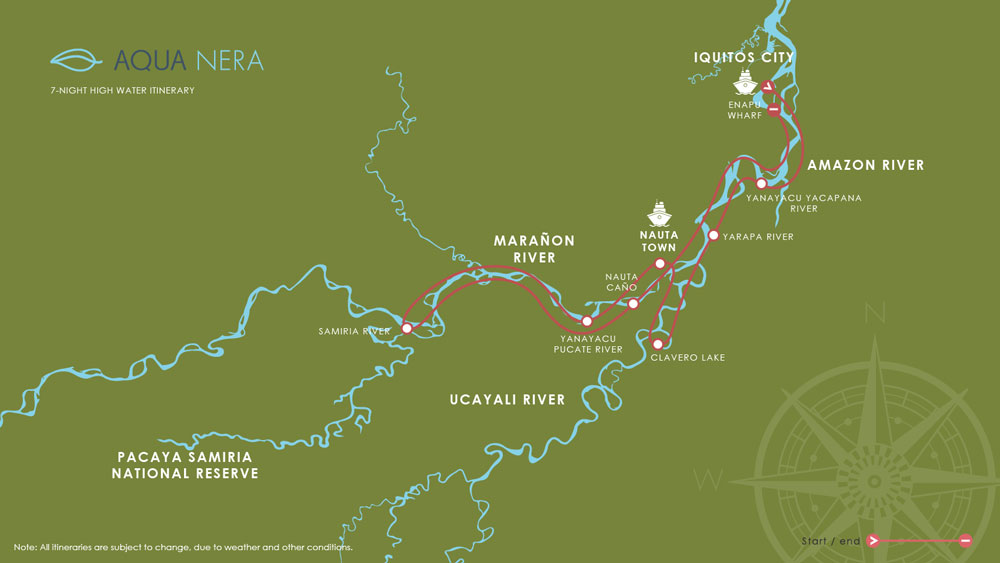 Route map for 8-day High Water Aqua Nera Peru Amazon River Cruise Itinerary