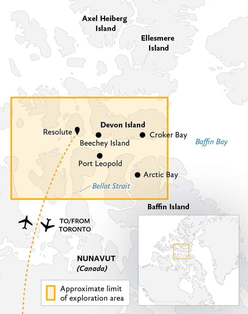 Route map of the Arctic Express Canada: The Heart of the Northwest Passage cruise, operating round-trip via charter flight from Toronto, with embarkation and disembarkation in Resolute, Canada, and visits to the heart of the Nunavut islands, including Baffin, Beechey and Devon.