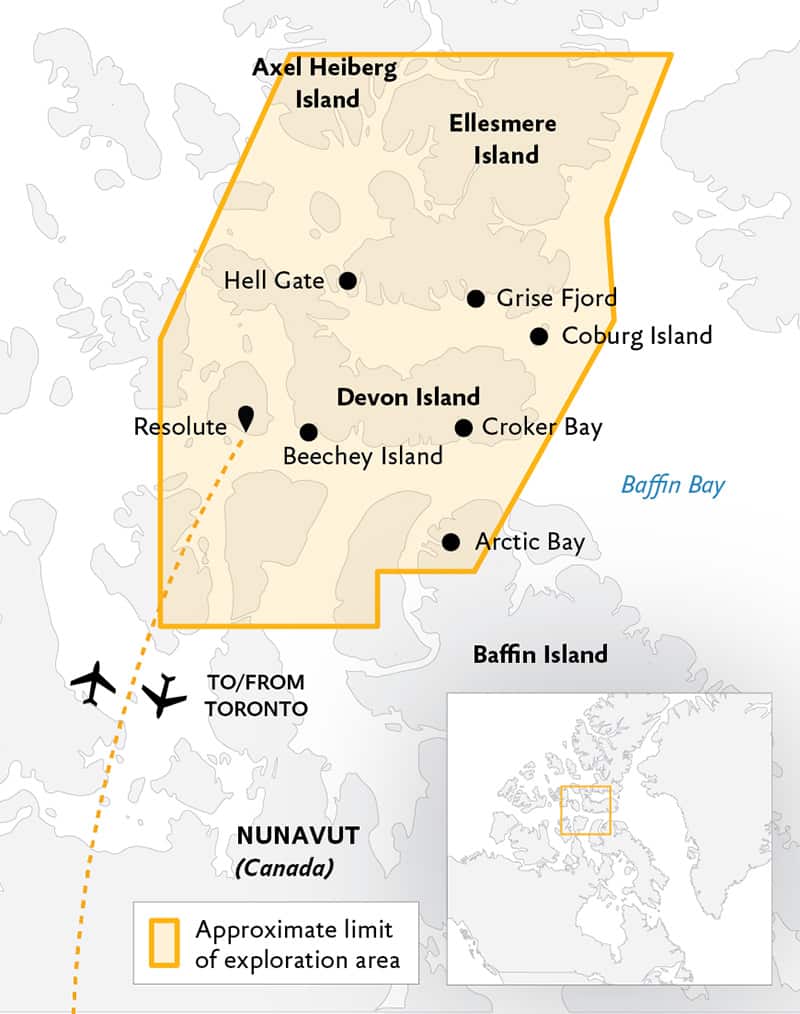 Route map of the Canada's Remote Arctic: Northwest Passage to Ellesmere & Axel Heiberg Islands cruise, operating round-trip via charter flight from Toronto, with embarkation and disembarkation in Resolute, Canada, and visits to the central Nunavut islands of Baffin, Beechey, Devon, Coburg, Ellesmere and Axel Heiberg.