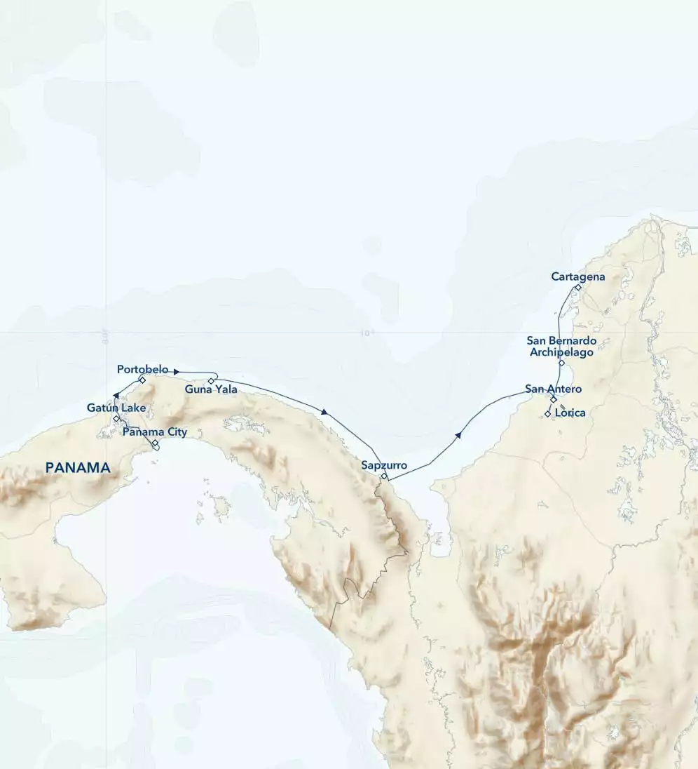 Route map of Panama & Colombia: Exploring the Caribbean Coast small ship cruise, operating between Panama City & Cartagena, with visits to Gatun Lake, Portobelo, Guna Yala, Capurgana, Sapzurro, Santa Cruz del Islote, San Antero, Tuchin, Santa Cruz de Lorica & Cispata Bay.
