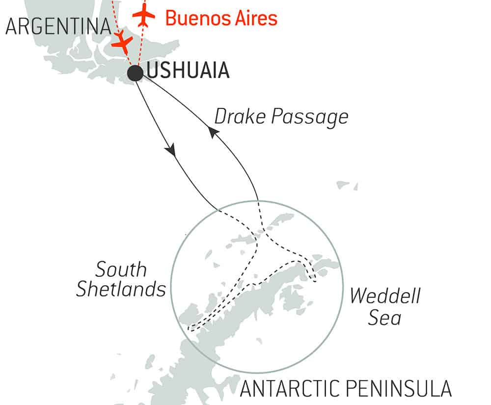 Route map of Emblematic Antarctica Cruise, operating round-trip from Ushuaia with stops along the Antarctic Sound, the Weddell Sea, the South Shetland Islands & the Antarctic Peninsula.