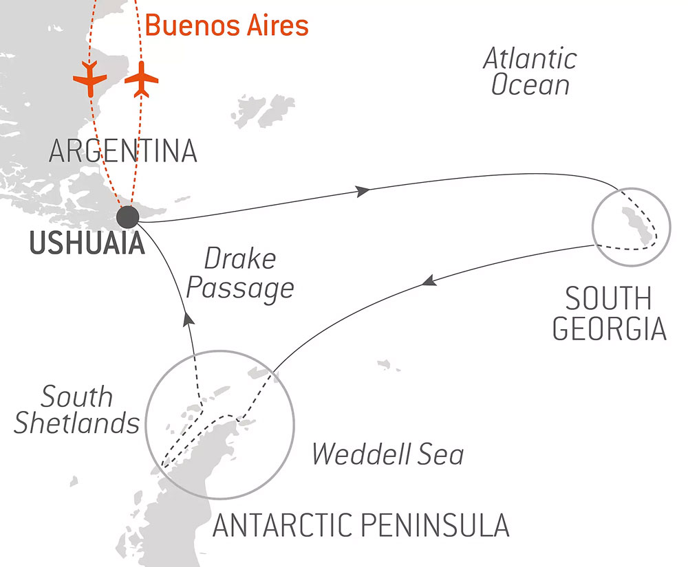 Route map of Expedition to Southern Lands cruise, round-trip from Ushuaia, Argentina with bookend charter flights linking Buenos Aires & visits to South Georgia & the Antarctic Peninsula.