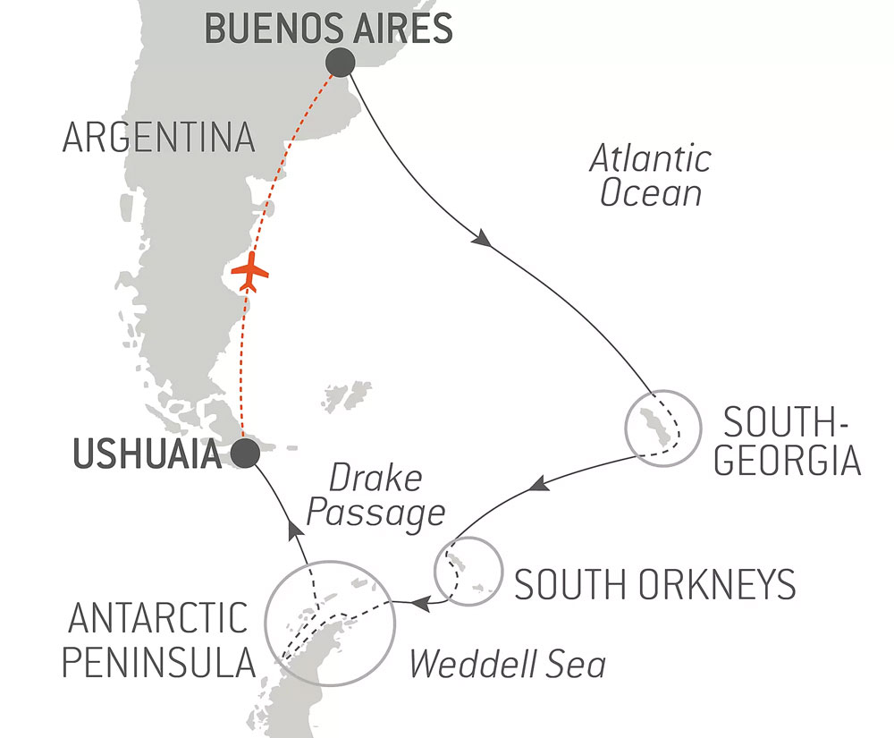 Route map of The Great Adventure Antarctica voyage, operating round-trip from Buenos Aires, Argentina, with visits to the Peninsula, South Georgia & the South Orkney Islands.