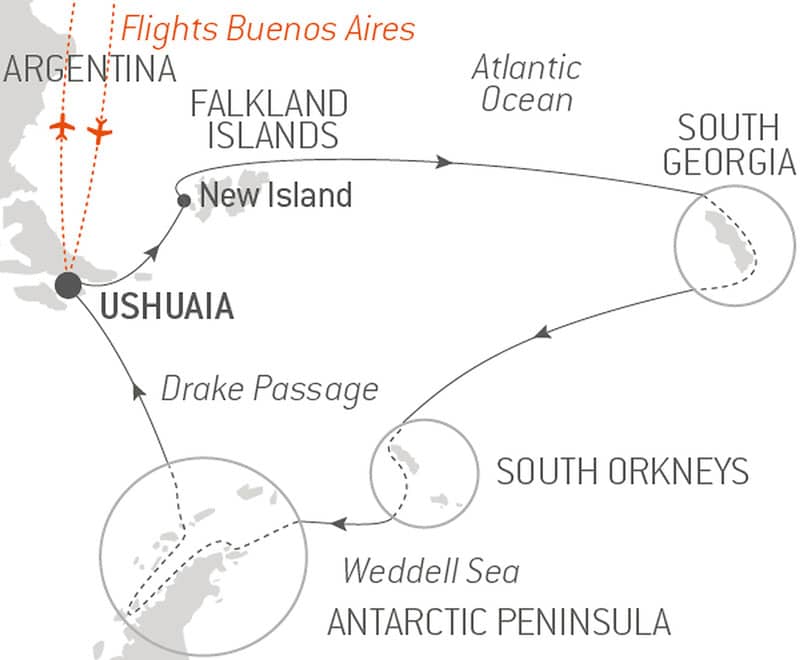 Route map of Antarctic Odyssey luxury Antarctica voyage, operating round-trip from Buenos Aires, Argentina, with embarkation & disembarkation in Ushuaia, Argentina, & visits to the Falkland Islands, South Georgia Island, South Orkney Islands & the Antarctic Peninsula.