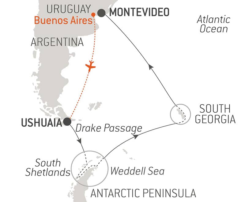 Route map of The Great Adventure Antarctica voyage, operating round-trip from Ushuaia, Argentina, with visits to the Peninsula, South Georgia & Montevideo, Uruguay.