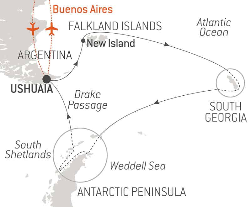 Route map of The Great Austral Loop luxury Antarctica voyage, operating round-trip from Buenos Aires, Argentina, with embarkation & disembarkation in Ushuaia, Argentina, & visits to the Falkland Islands, South Georgia Island & the Antarctic Peninsula.