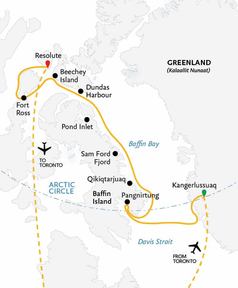 Route map of the Northwest Passage: In the Footsteps of Franklin cruise, operating round-trip via charter flight from Toronto, with embarkation in Kangerlussuaq, Greenland, and disembarkation in Resolute, Canada, and visits along eastern Baffin Island.