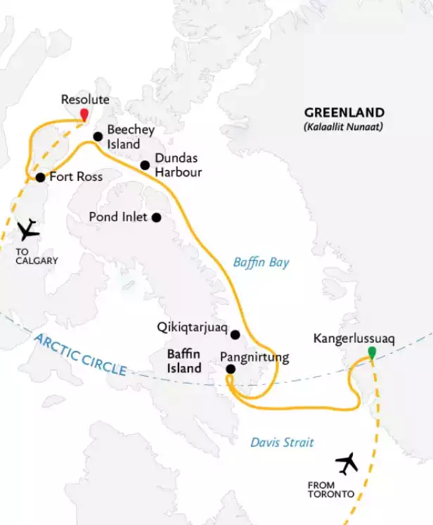 Route map of the Northwest Passage: In the Footsteps of Franklin cruise, operating via charter flights from Toronto and to Calgary, with embarkation in Kangerlussuaq, Greenland, and disembarkation in Resolute, Canada, and visits along eastern Baffin Island.