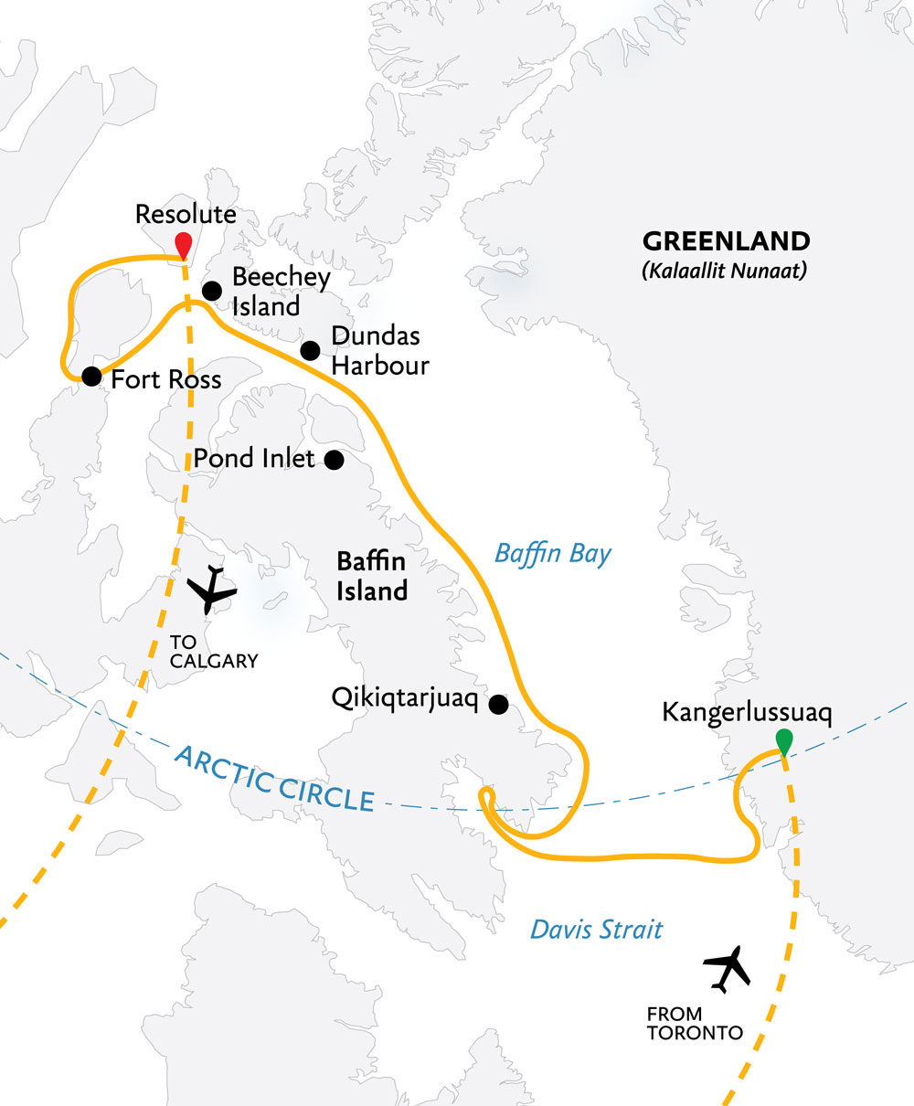 Route map of the Northwest Passage: The Legendary Arctic Sea Route cruise, operating via charter flights from Toronto and to Calgary, with embarkation in Kangerlussuaq, Greenland, and disembarkation in Resolute, Canada, and visits along eastern Baffin Island.