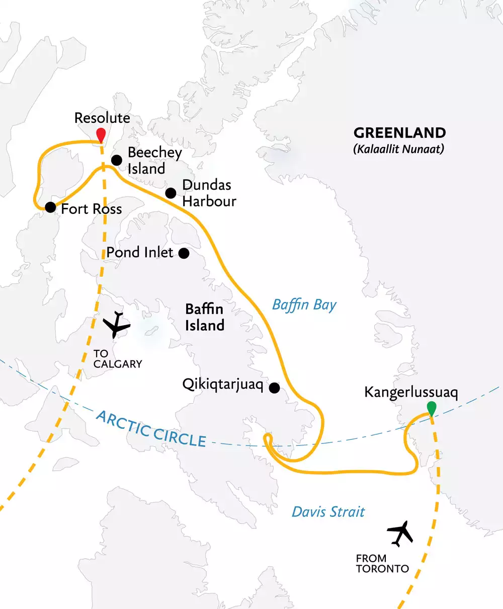 Route map of the Northwest Passage: The Legendary Arctic Sea Route cruise, operating via charter flights from Toronto and to Calgary, with embarkation in Kangerlussuaq, Greenland, and disembarkation in Resolute, Canada, and visits along eastern Baffin Island.