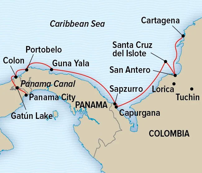 Route map of Panama & Colombia: Exploring the Caribbean Coast small ship cruise, operating between Panama City & Cartagena, with visits to Gatun Lake, Portobelo, Guna Yala, Capurgana, Sapzurro, Santa Cruz del Islote, San Antero, Tuchin, Santa Cruz de Lorica & Cispata Bay.
