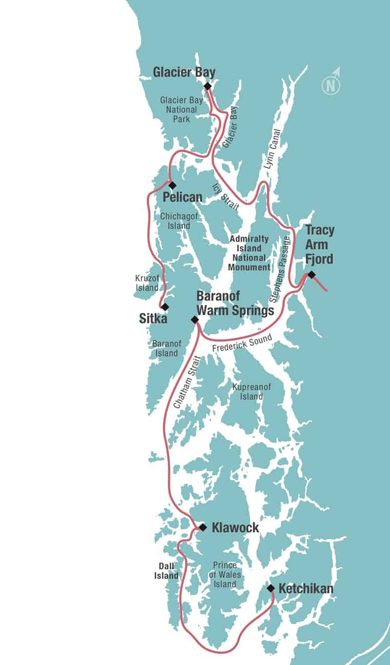 Route map of southeast Alaska's Remote Alaska Adventure small ship cruise, operating between Ketchikan & Sitka, with visits to Klawock, Baranof Warm Springs, Tracy Arm Fjord, Glacier Bay & Pelican.