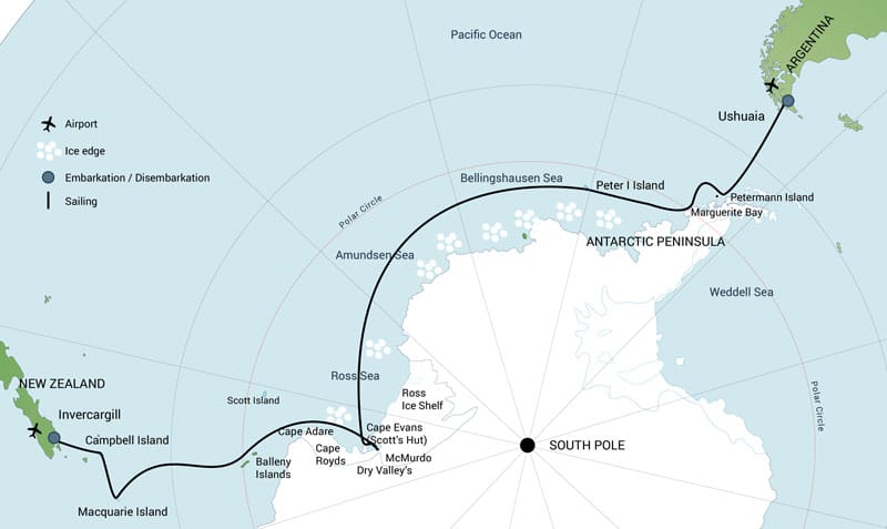 Route map of Spectacular Ross Sea: West Antarctica Cruise, operating between Bluff, New Zealand & Ushuaia, Argentina, with visits along the western side of the Antarctic Peninsula.