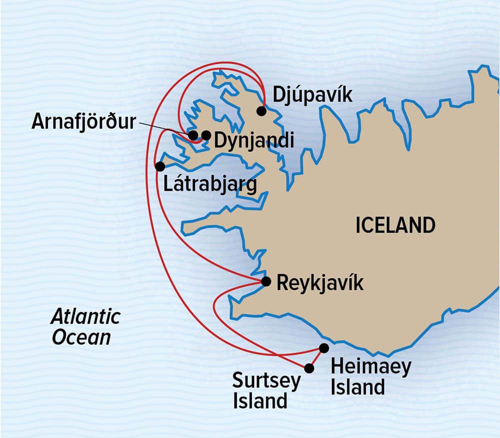 Route map of Wild Iceland Escape Arctic voyage, operating round-trip from Reykjavik with visits to Djúpavík, Arnafjordur, Latrabjarg Cliffs, Surtsey Island, Heimaey Island & the Westman Islands.